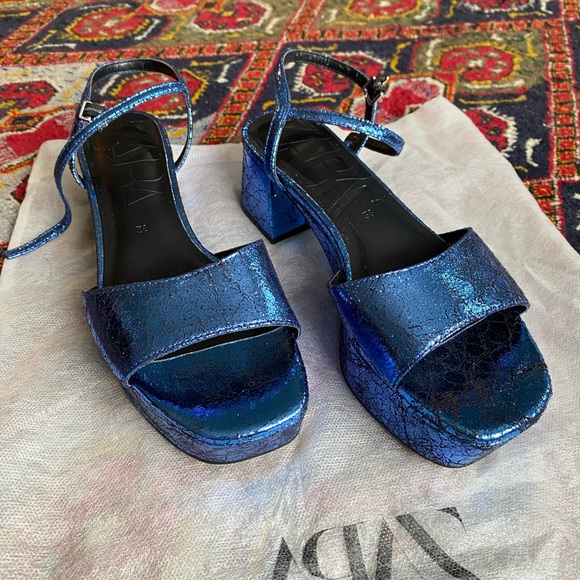Blue Metallic Zara Platform Block Heel Sandal Size 38 - Picture 3 of 6